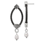 Edward Mirell Black Ti Cable and Sterling Silver Floral Accent with Freshwater Cultured Pearl Dangle Earrings