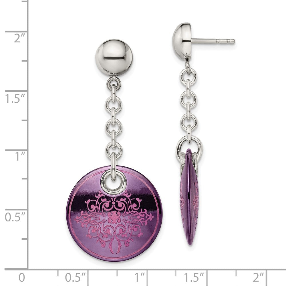 Edward Mirell Black Ti Anodized Pink Ornate Circle and Sterling Silver Post Dangle Earrings