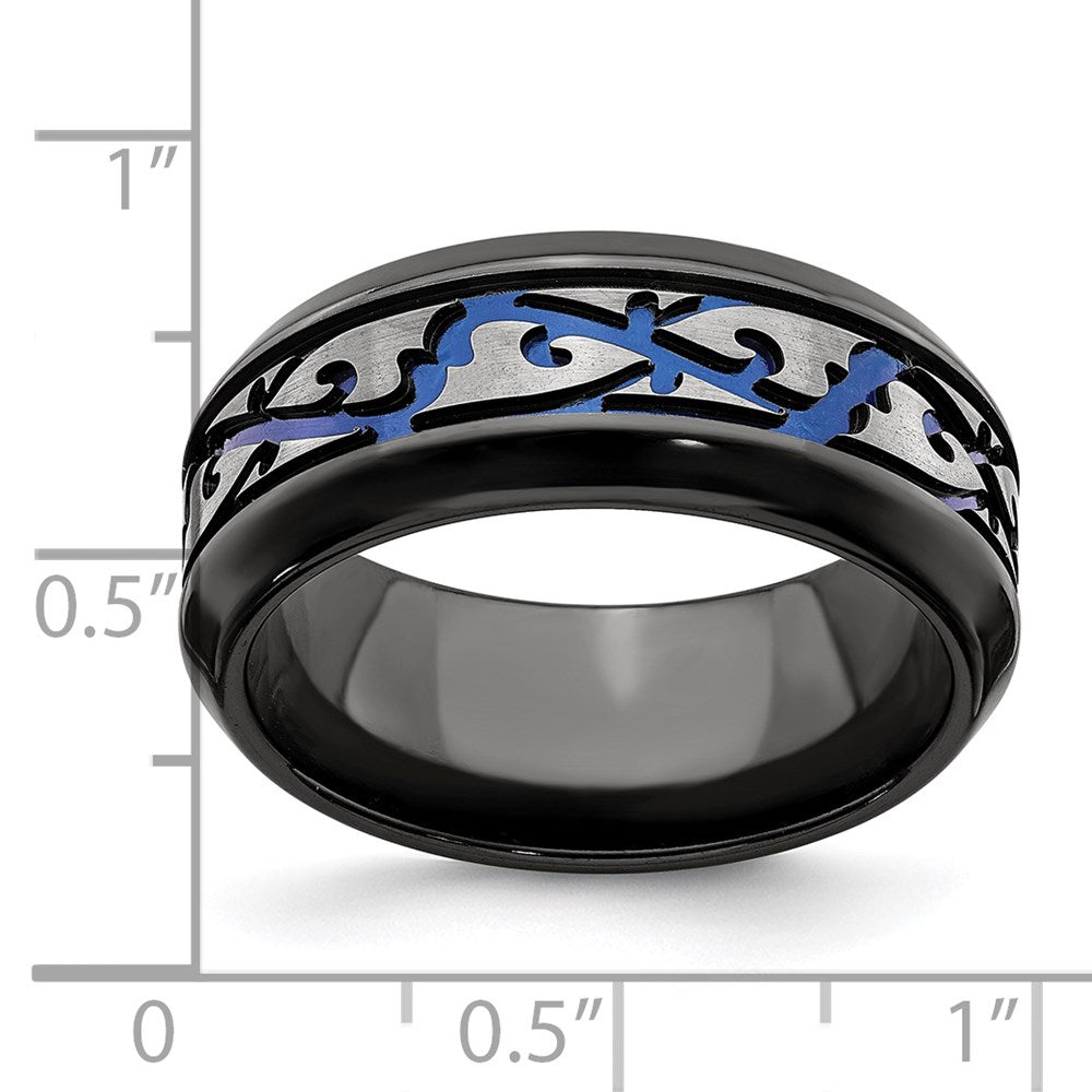 Edward Mirell Black Ti Scroll Pattern Blue Anodized 9mm Band