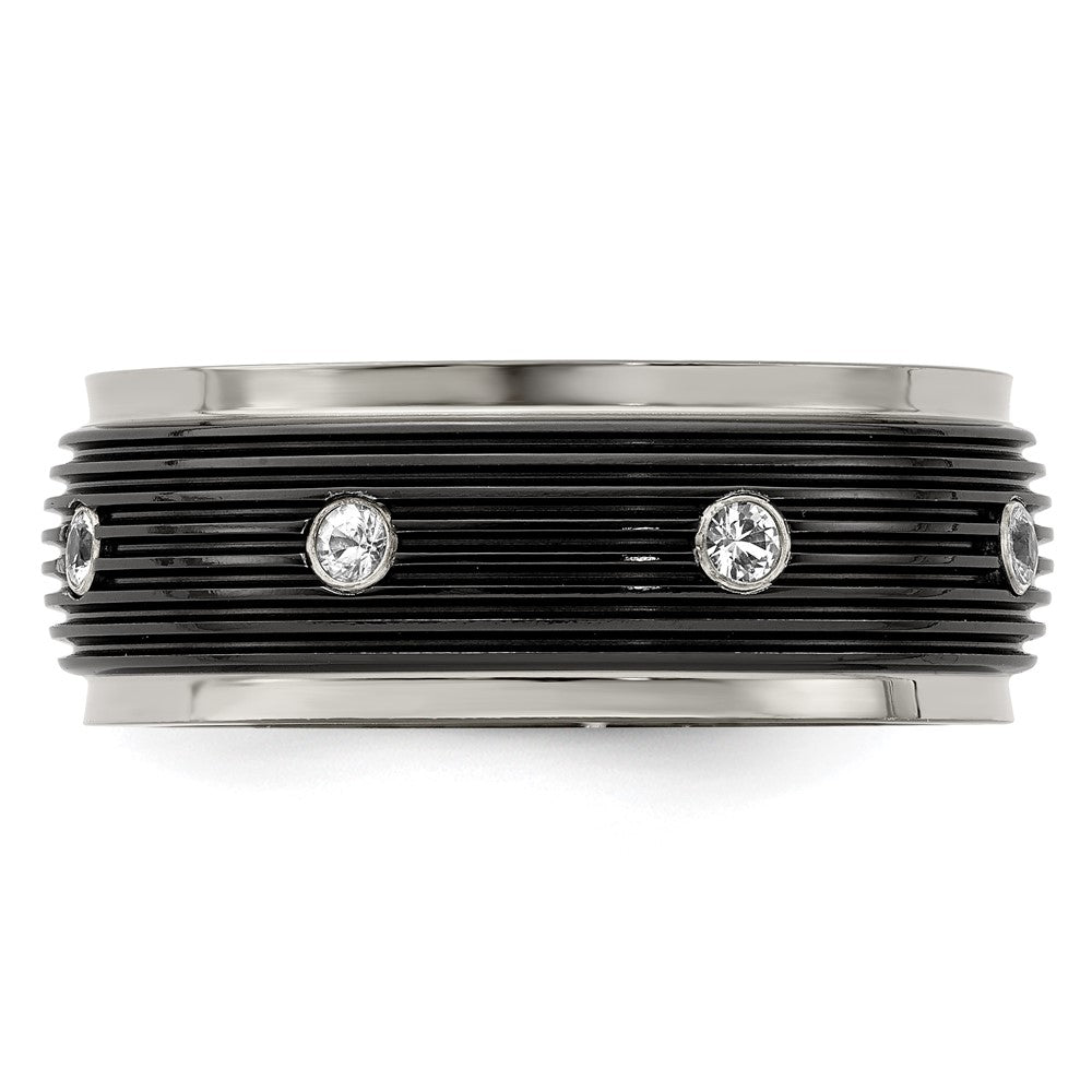 Edward Mirell Titanium & Black Ti With White Sapphires Grooved Ring