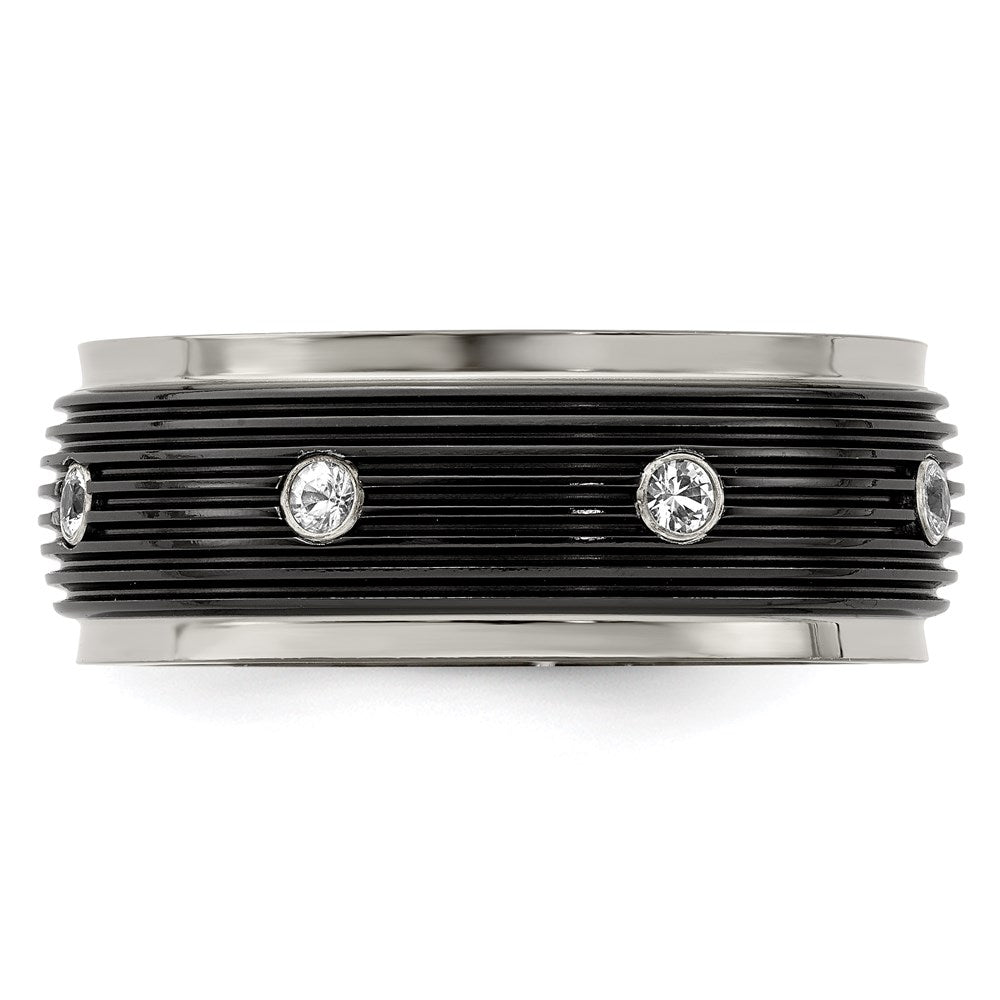 Edward Mirell Titanium & Black Ti With White Sapphires Grooved Ring