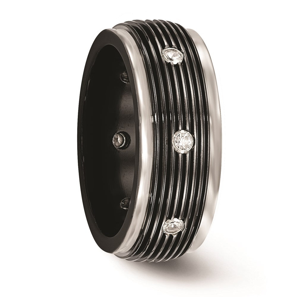 Edward Mirell Titanium & Black Ti With White Sapphires Grooved Ring