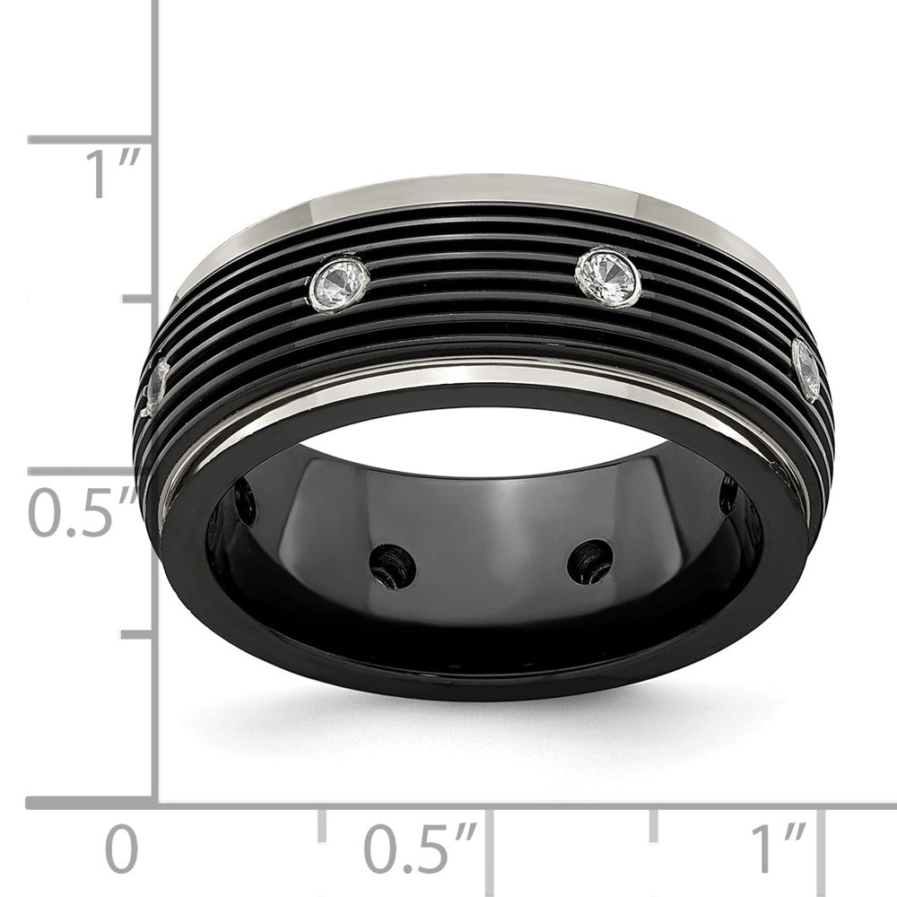 Edward Mirell Titanium & Black Ti With White Sapphires Grooved Ring