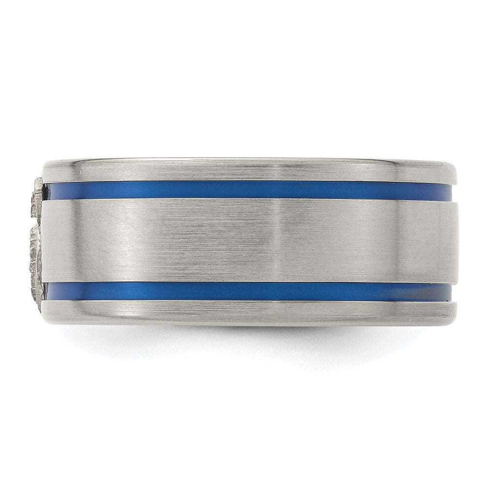 Edward Mirell Titanium Brushed Blue Anodized Double Groove with Sterling Silver Police Shield Flat 10mm Band