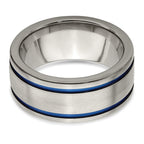 Edward Mirell Titanium Brushed Blue Anodized Double Groove with Sterling Silver Police Shield Flat 10mm Band