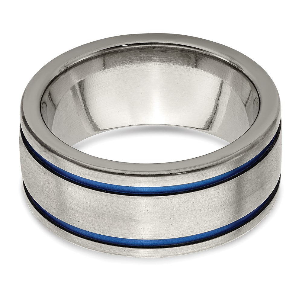 Edward Mirell Titanium Brushed Blue Anodized Double Groove with Sterling Silver Police Shield Flat 10mm Band