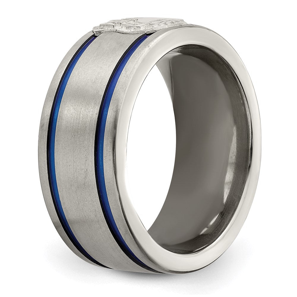 Edward Mirell Titanium Brushed Blue Anodized Double Groove with Sterling Silver Police Shield Flat 10mm Band