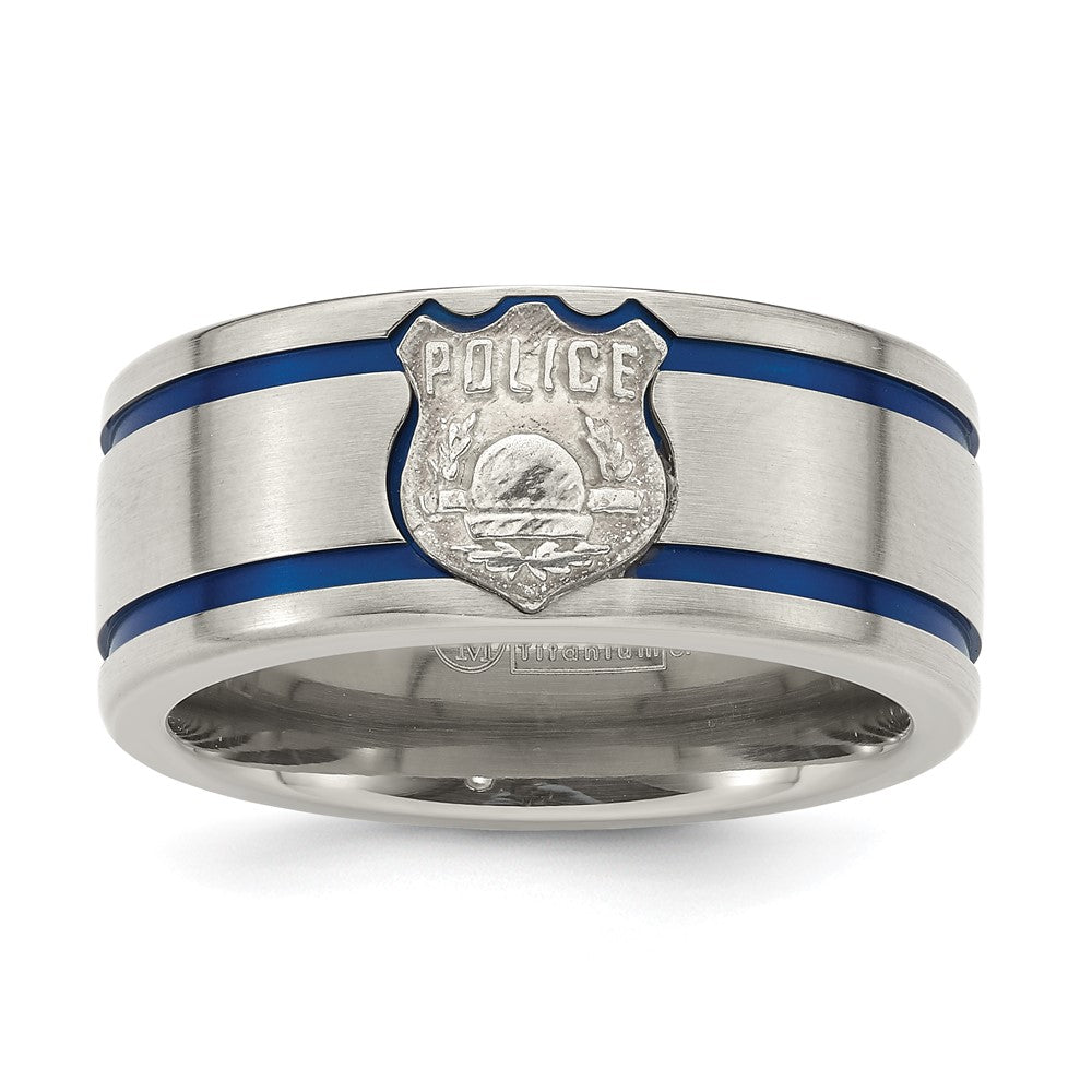 Edward Mirell Titanium Brushed Blue Anodized Double Groove with Sterling Silver Police Shield Flat 10mm Band