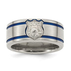 Edward Mirell Titanium Brushed Blue Anodized Double Groove with Sterling Silver Police Shield Flat 10mm Band