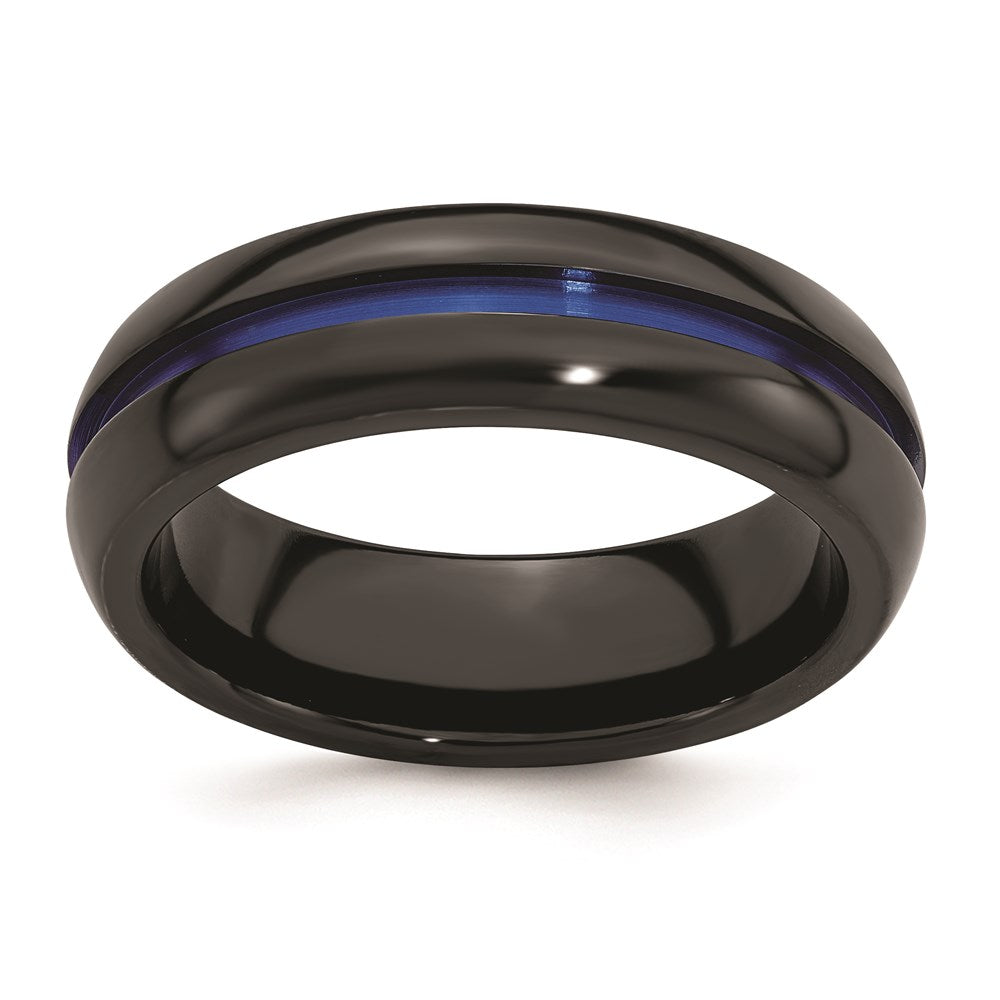 Edward Mirell Black Ti with Blue Anodized Center Stripe Domed 7mm Band