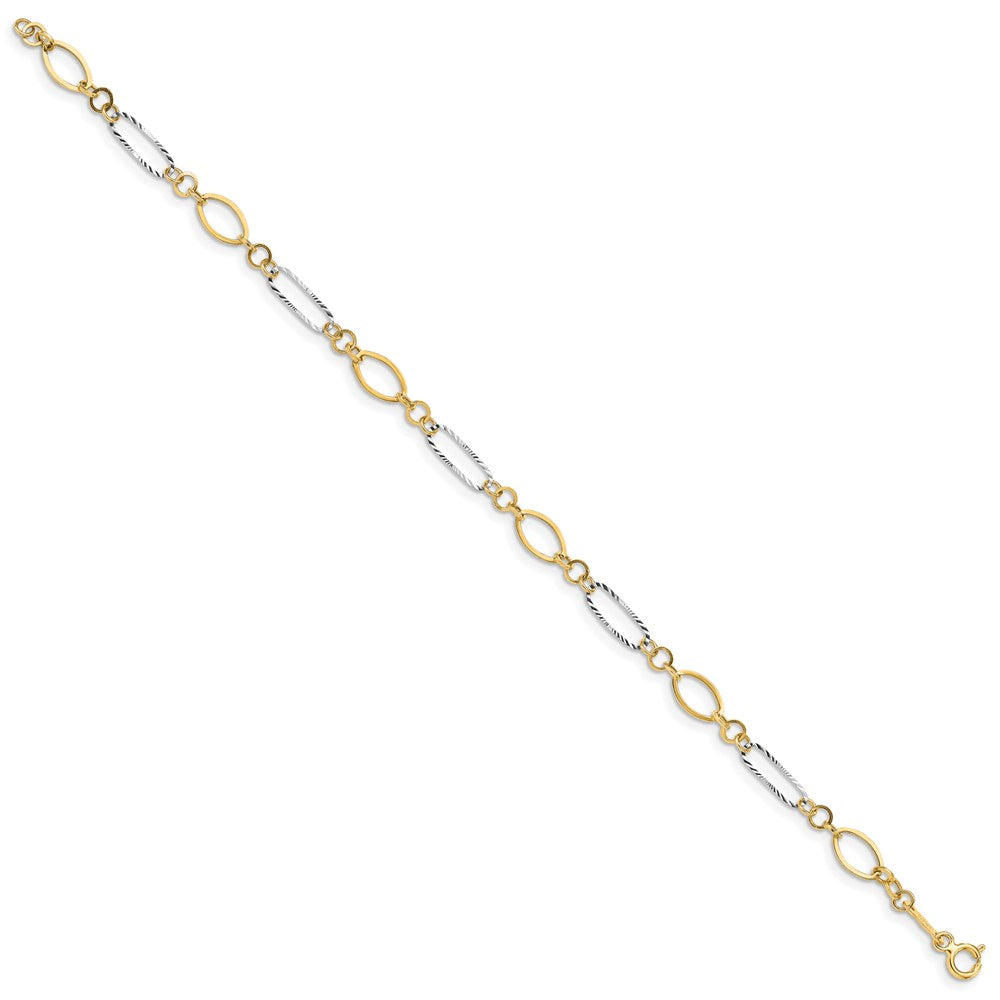 14k Two-tone Polished and Textured Oval Link 7.25 inch Bracelet