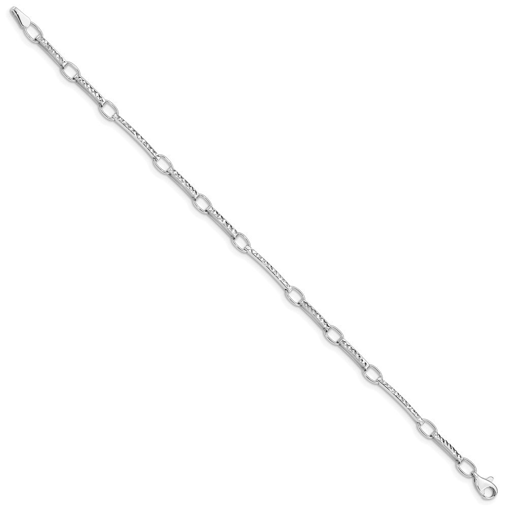 14k White Gold Polished and Textured Oval and Bar Link Bracelet