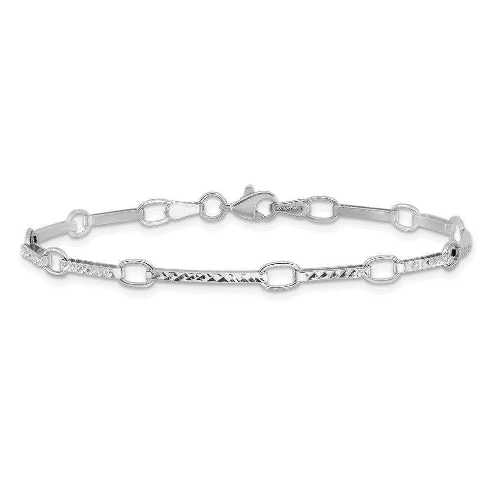 14k White Gold Polished and Textured Oval and Bar Link Bracelet