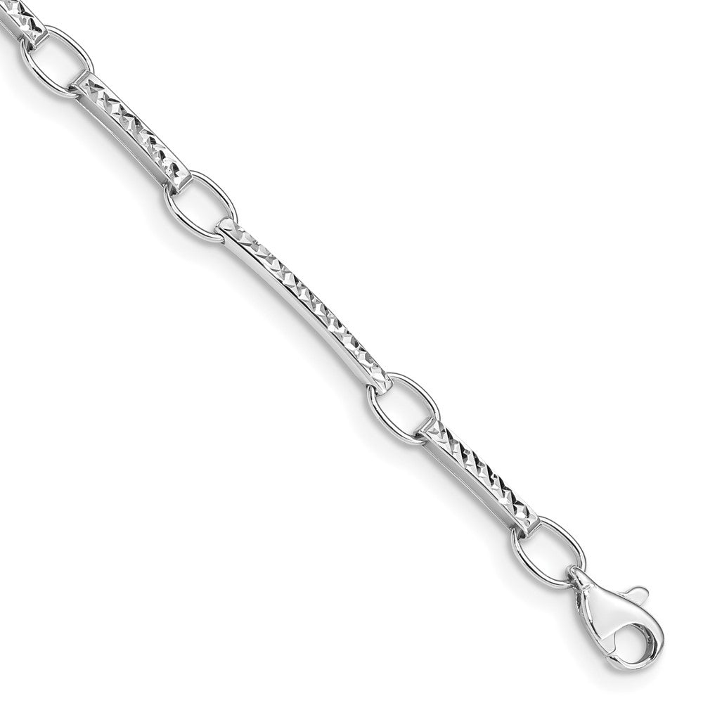 14k White Gold Polished and Textured Oval and Bar Link Bracelet