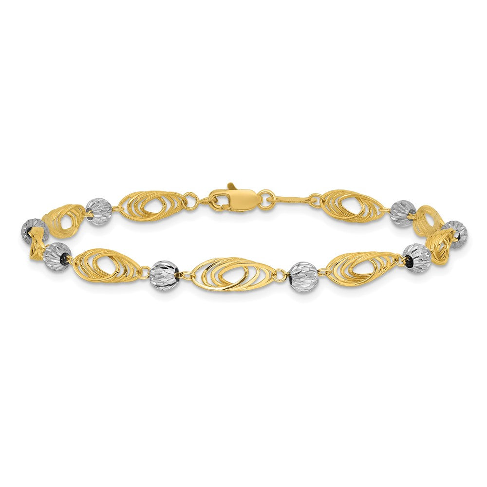 14K Two-tone Oval Links with Diamond-cut Beads Bracelet