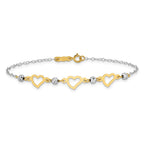 14K Two-tone Hearts and Diamond-cut Beads 7.5 inch Bracelet