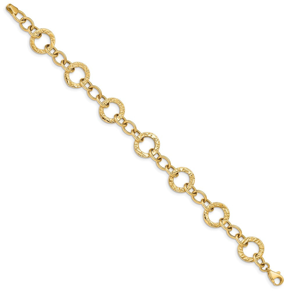 14k Polished and Textured 12mm Fancy Circle Link Bracelet