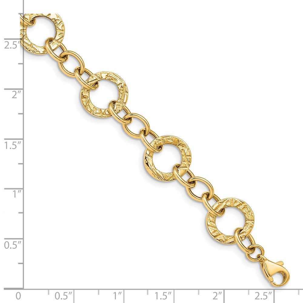 14k Polished and Textured 12mm Fancy Circle Link Bracelet