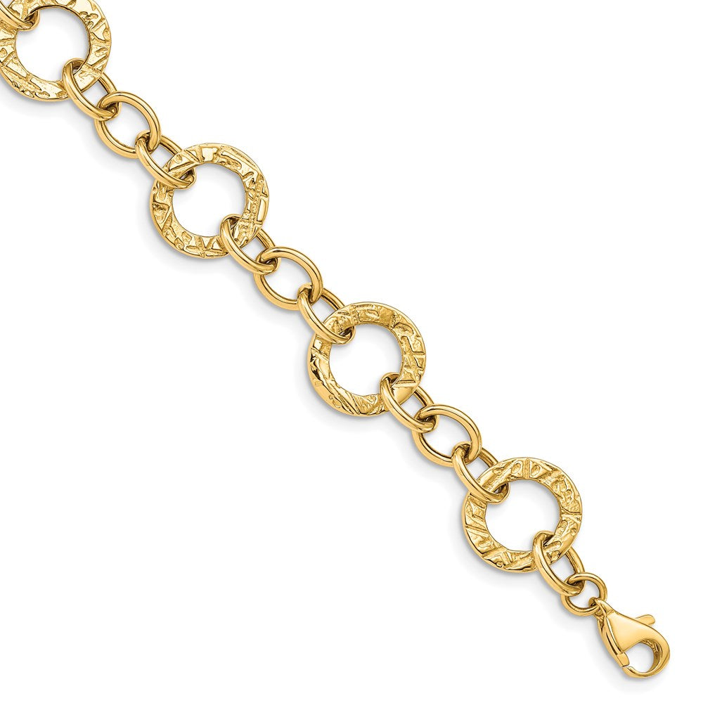 14k Polished and Textured 12mm Fancy Circle Link Bracelet