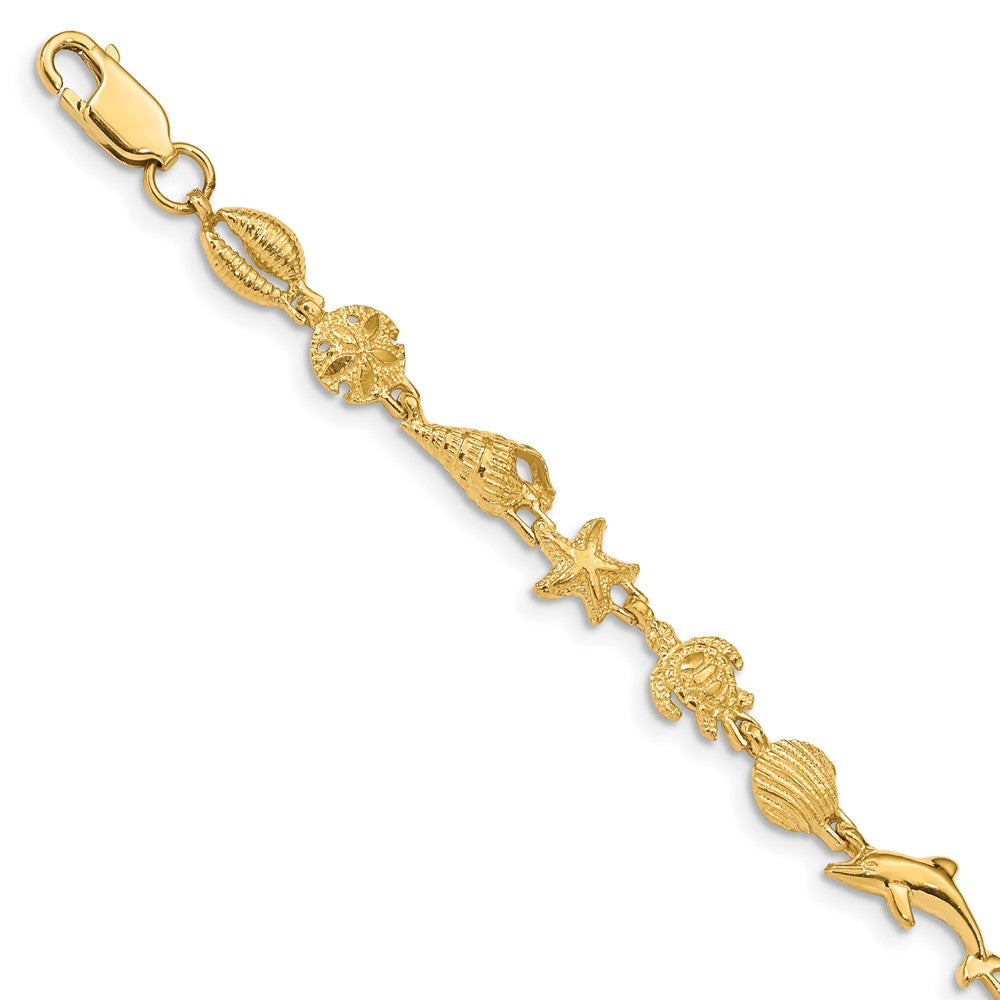 14K Polished and Textured Sea Life 7.25 inch Bracelet