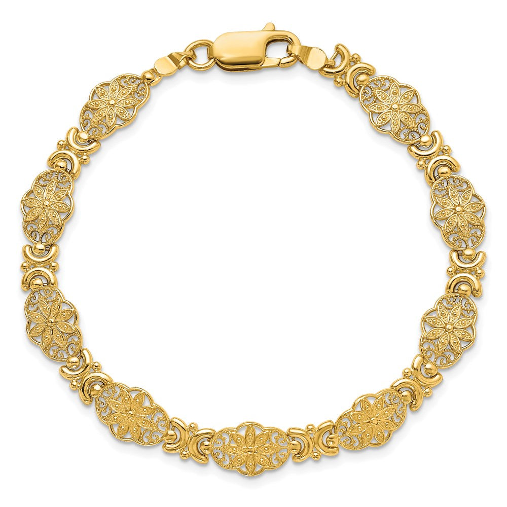 14K Polished and Textured Fancy Floral Link 7.5 inch Bracelet