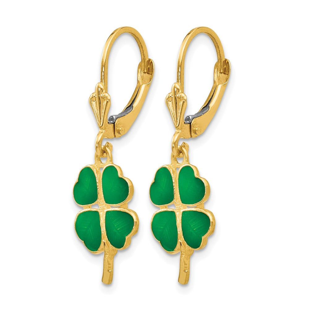 14k Green Enameled Clover Dangle Leverback Earrings