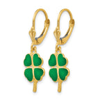 14k Green Enameled Clover Dangle Leverback Earrings