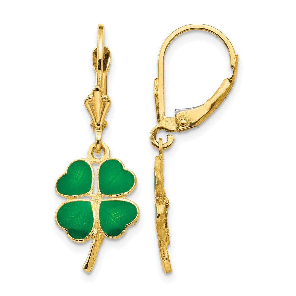 14k Green Enameled Clover Dangle Leverback Earrings