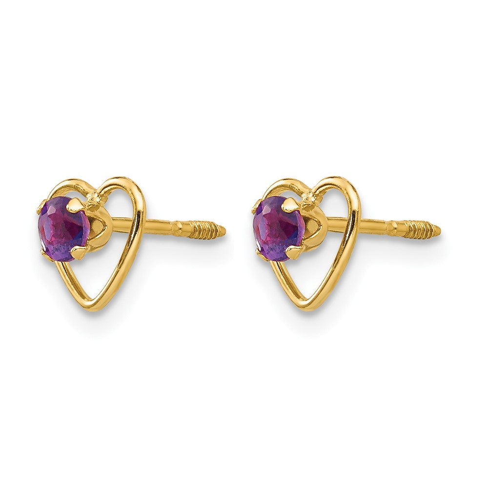 14k Madi K 3mm Round Genuine Amethyst Birthstone Heart Screwback Post Earrings