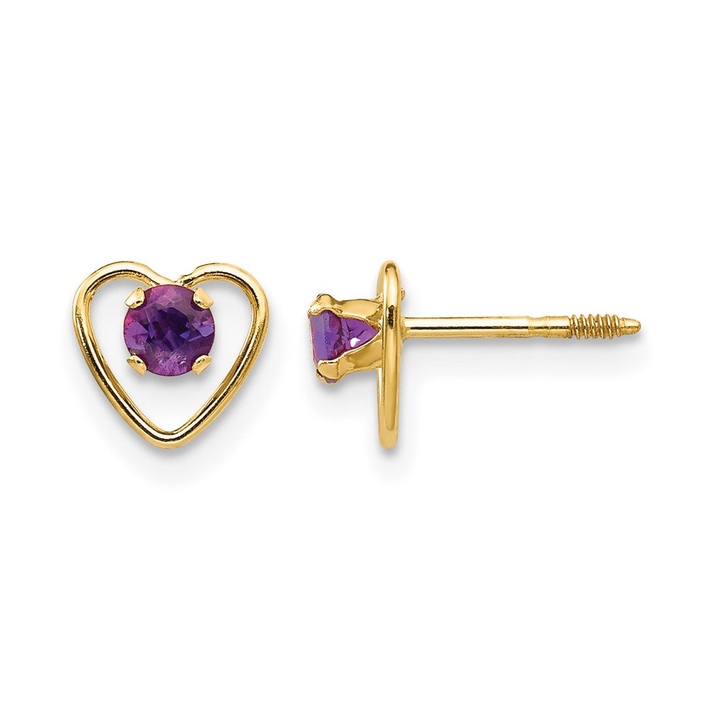 14k Madi K 3mm Round Genuine Amethyst Birthstone Heart Screwback Post Earrings