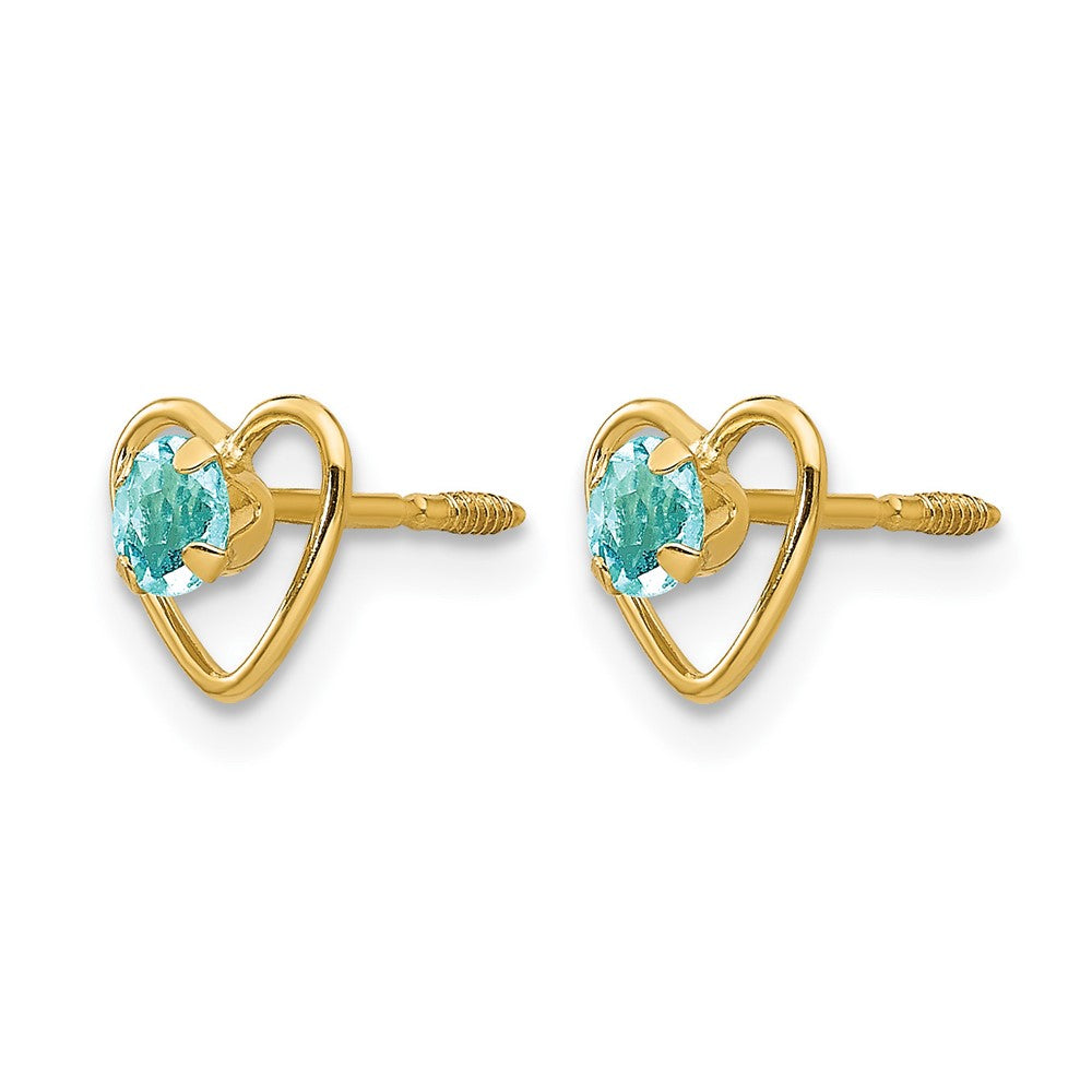 14k Madi K 3mm Round Genuine Aquamarine Birthstone Heart Screwback Post Earrings