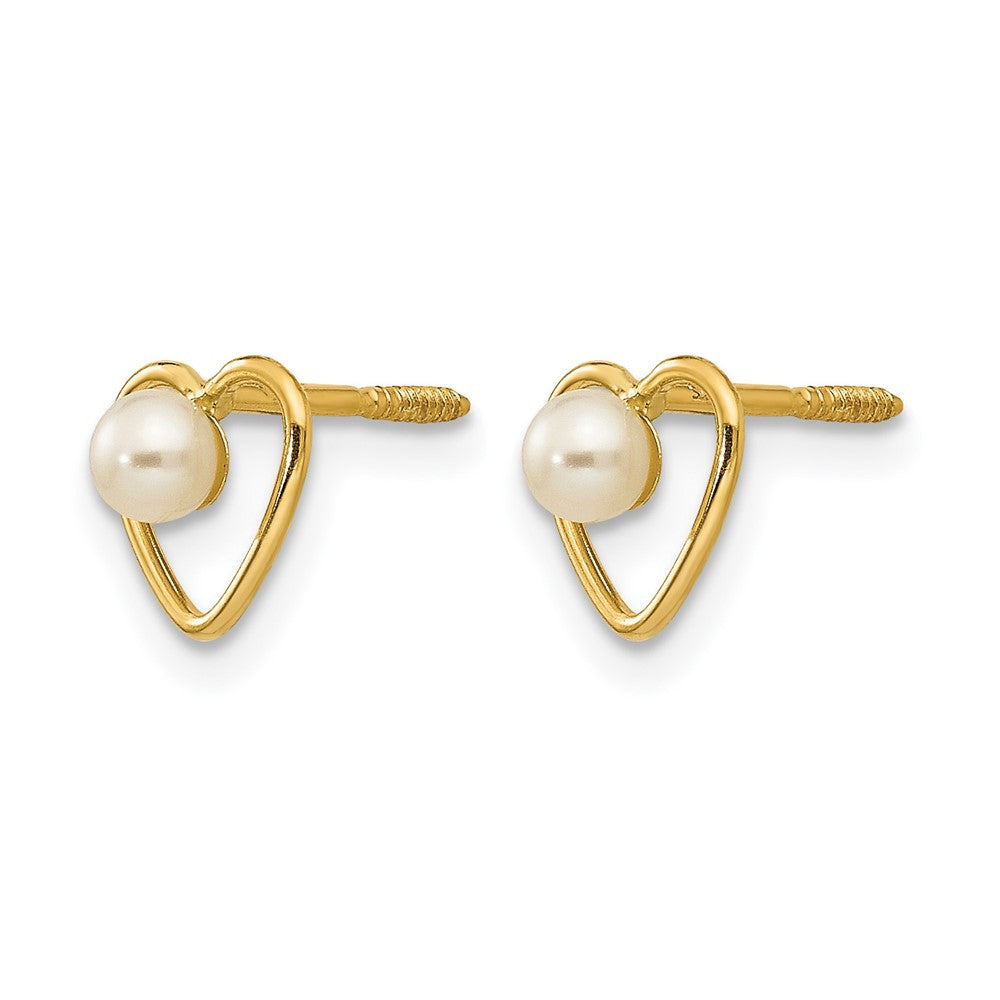 14k Madi K 3mm Round White Freshwater Cultured Pearl Birthstone Heart Screwback Post Earrings