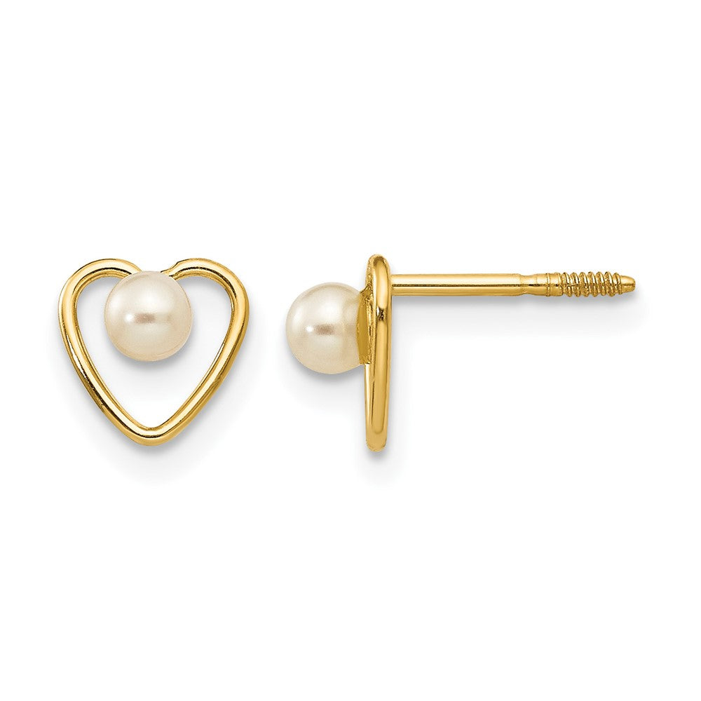 14k Madi K 3mm Round White Freshwater Cultured Pearl Birthstone Heart Screwback Post Earrings