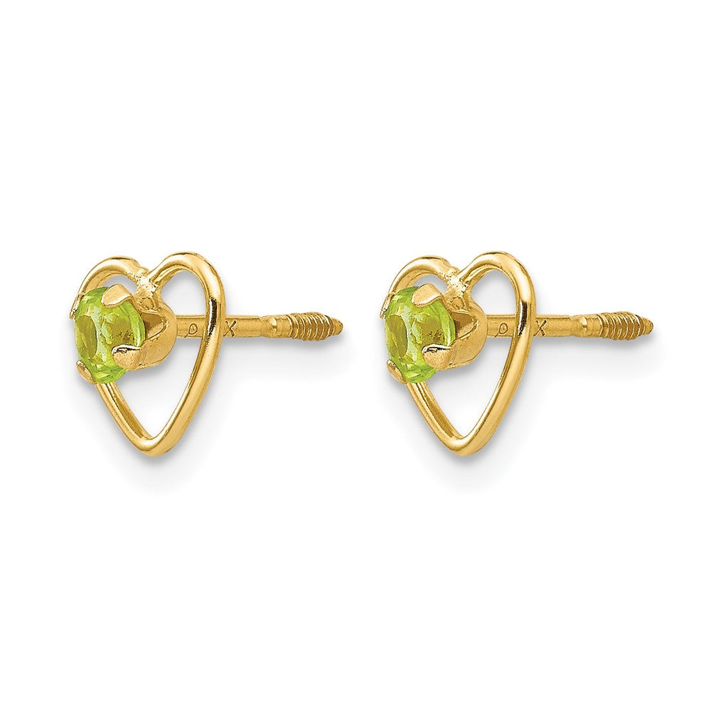 14k Madi K 3mm Round Genuine Peridot Birthstone Heart Screwback Post Earrings