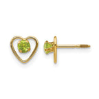 14k Madi K 3mm Round Genuine Peridot Birthstone Heart Screwback Post Earrings