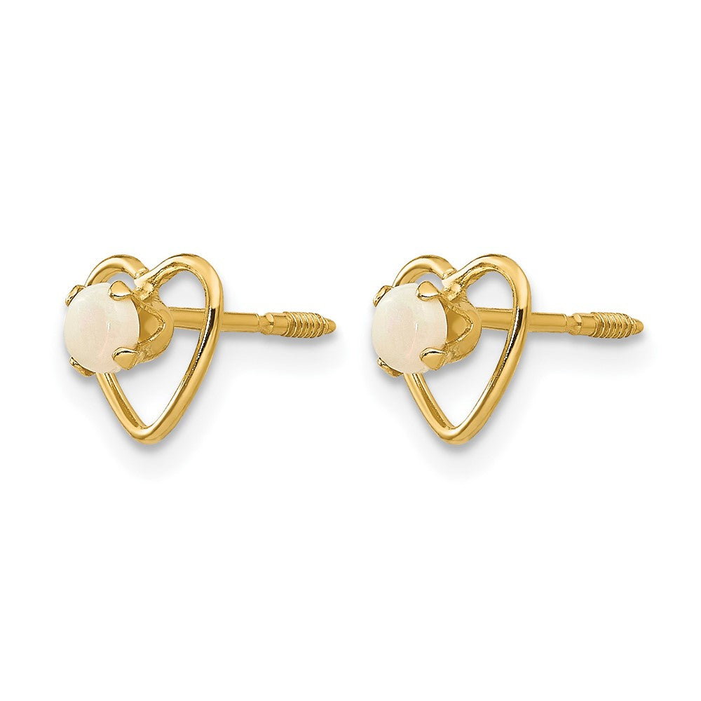 14k Madi K 3mm Round Imitation Opal Birthstone Heart Screwback Post Earrings