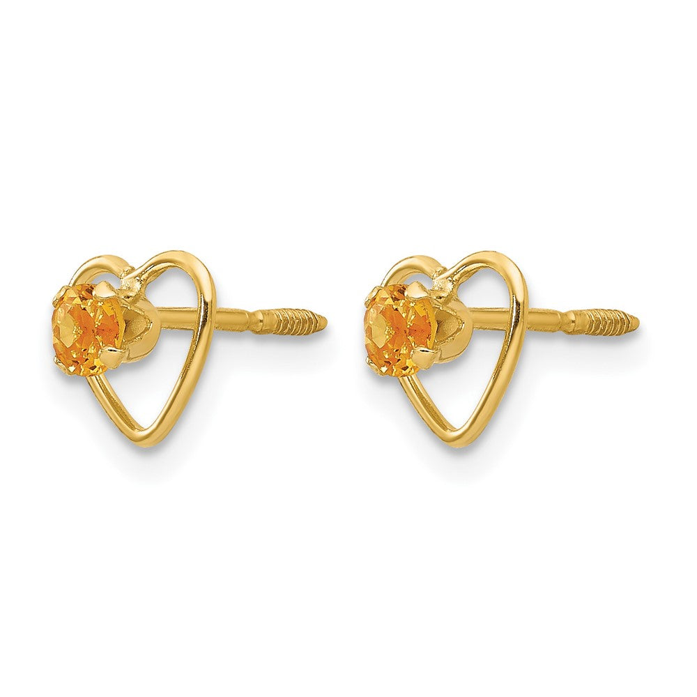 14k Madi K 3mm Round Genuine Citrine Birthstone Heart Screwback Post Earrings