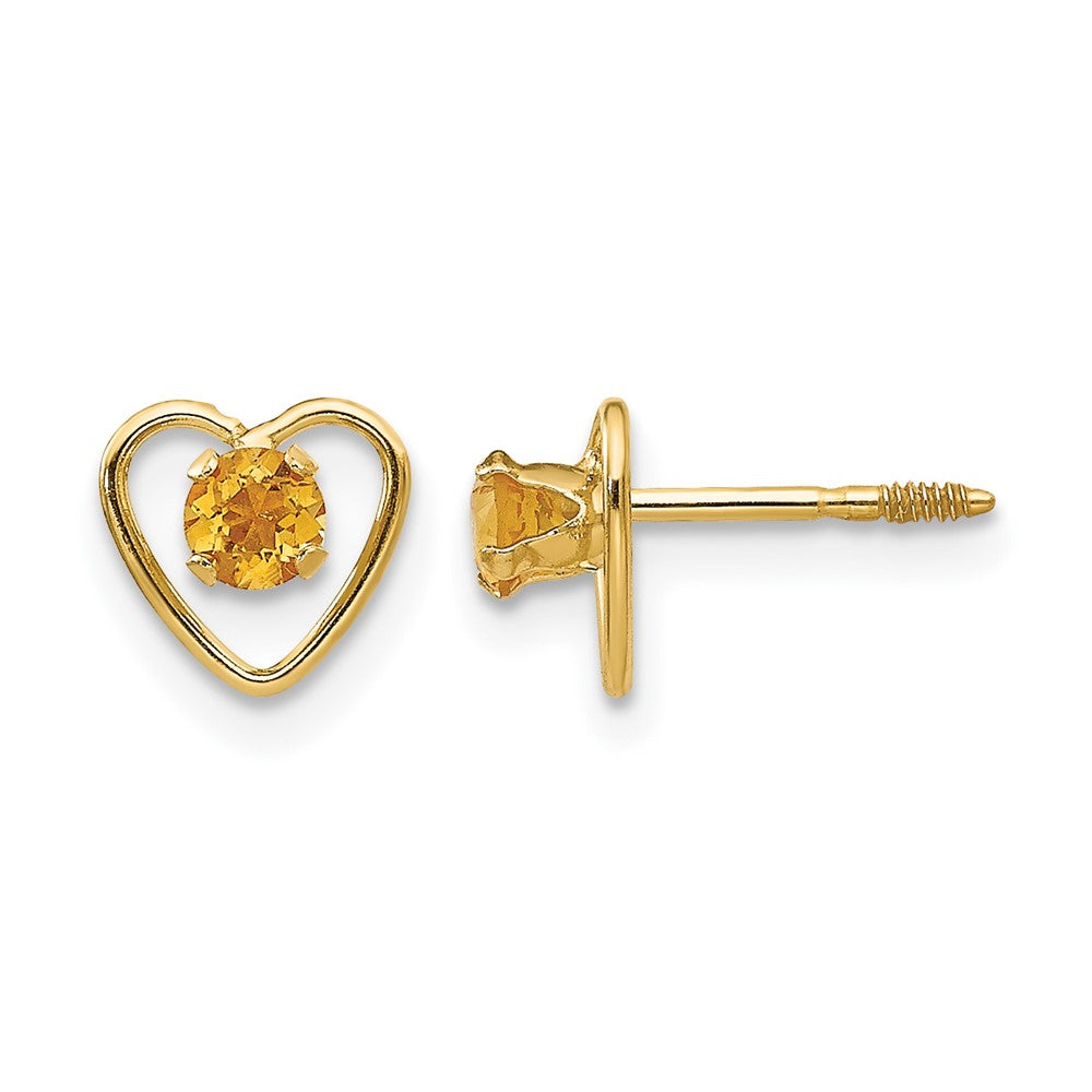 14k Madi K 3mm Round Genuine Citrine Birthstone Heart Screwback Post Earrings