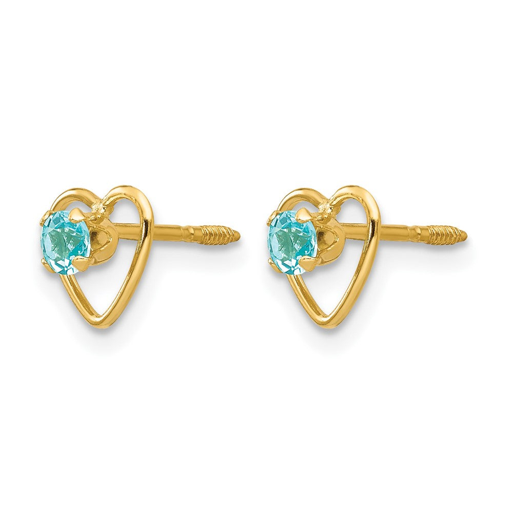 14k Madi K 3mm Round Genuine Blue Topaz Birthstone Heart Screwback Post Earrings