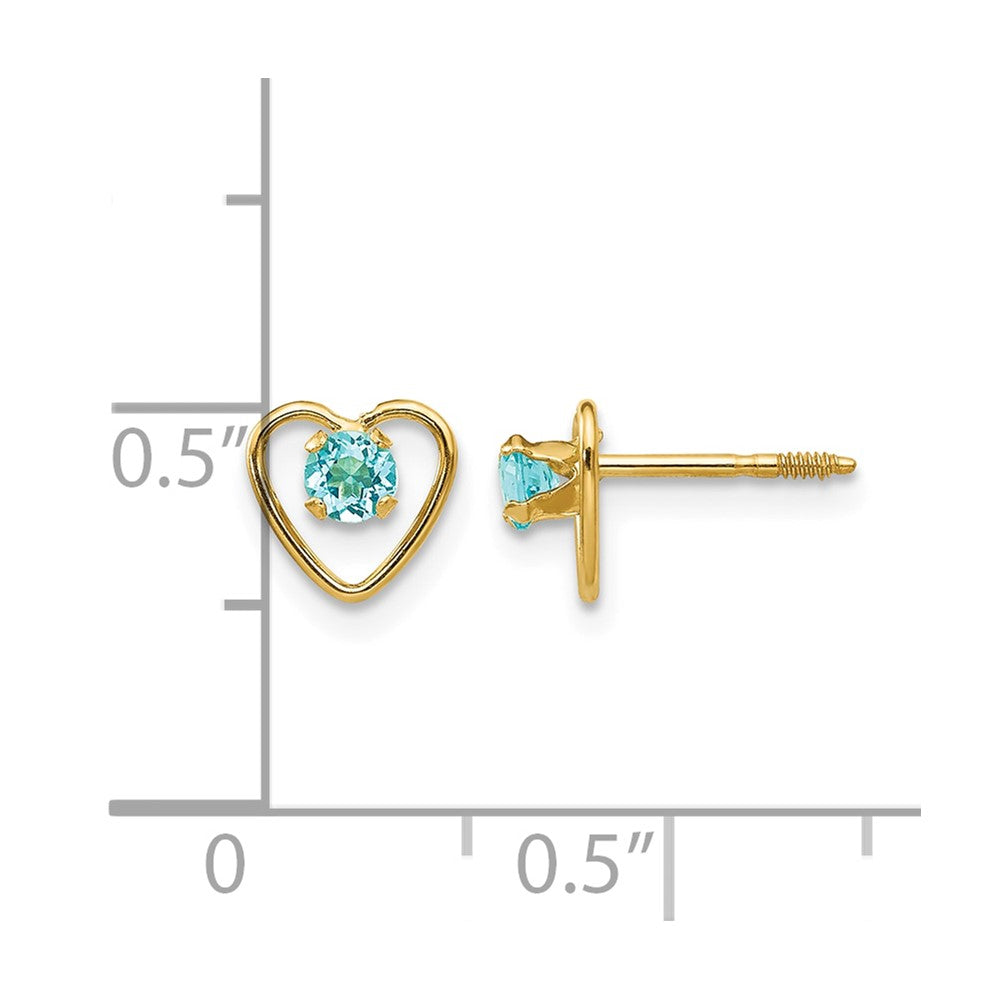 14k Madi K 3mm Round Genuine Blue Topaz Birthstone Heart Screwback Post Earrings