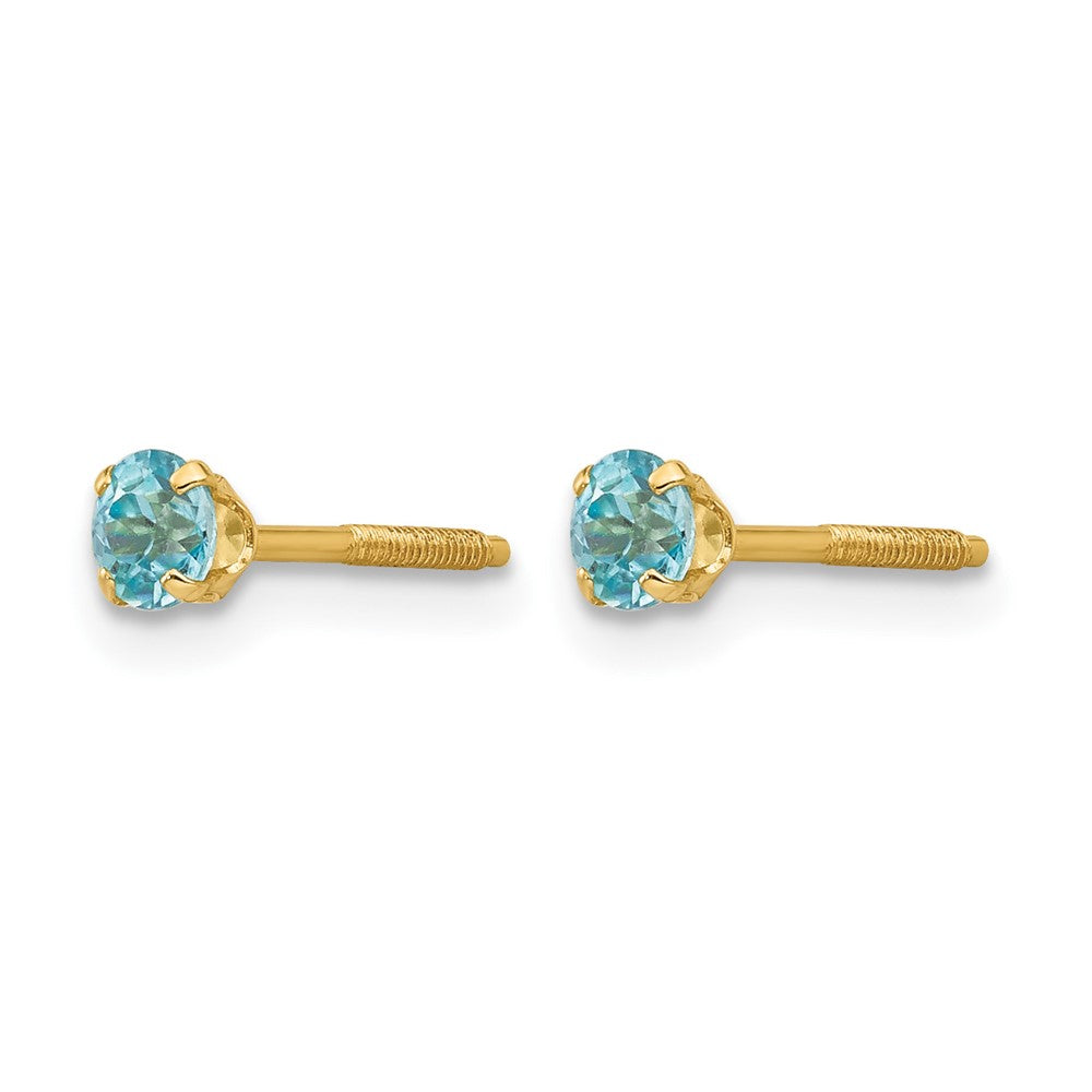 14k Madi K 3mm Round Blue Zircon Birthstone Screwback Post Earrings