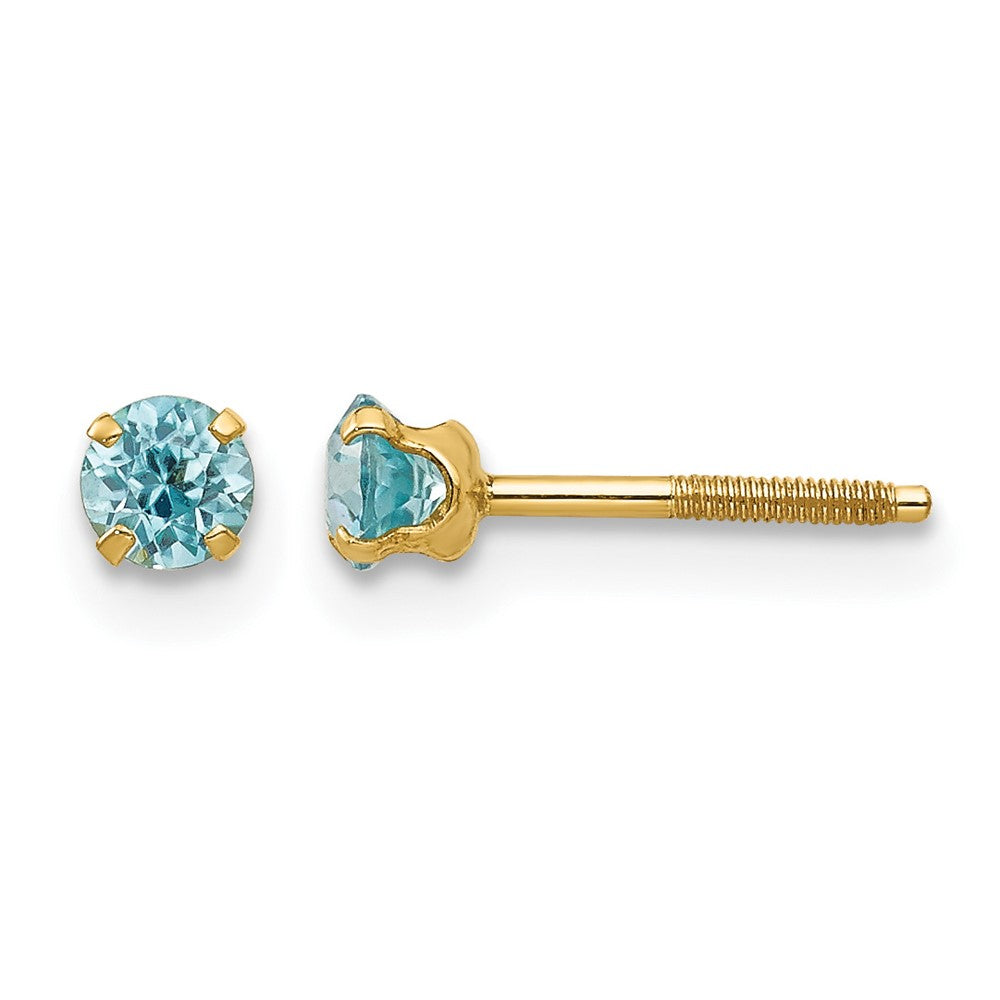 14k Madi K 3mm Round Blue Zircon Birthstone Screwback Post Earrings