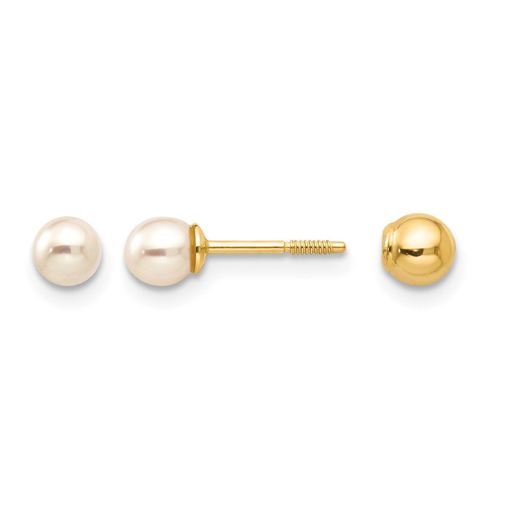 14k Madi K Reversible 3-4mm White Round Freshwater Cultured Pearl and Bead Screwback Post Earrings