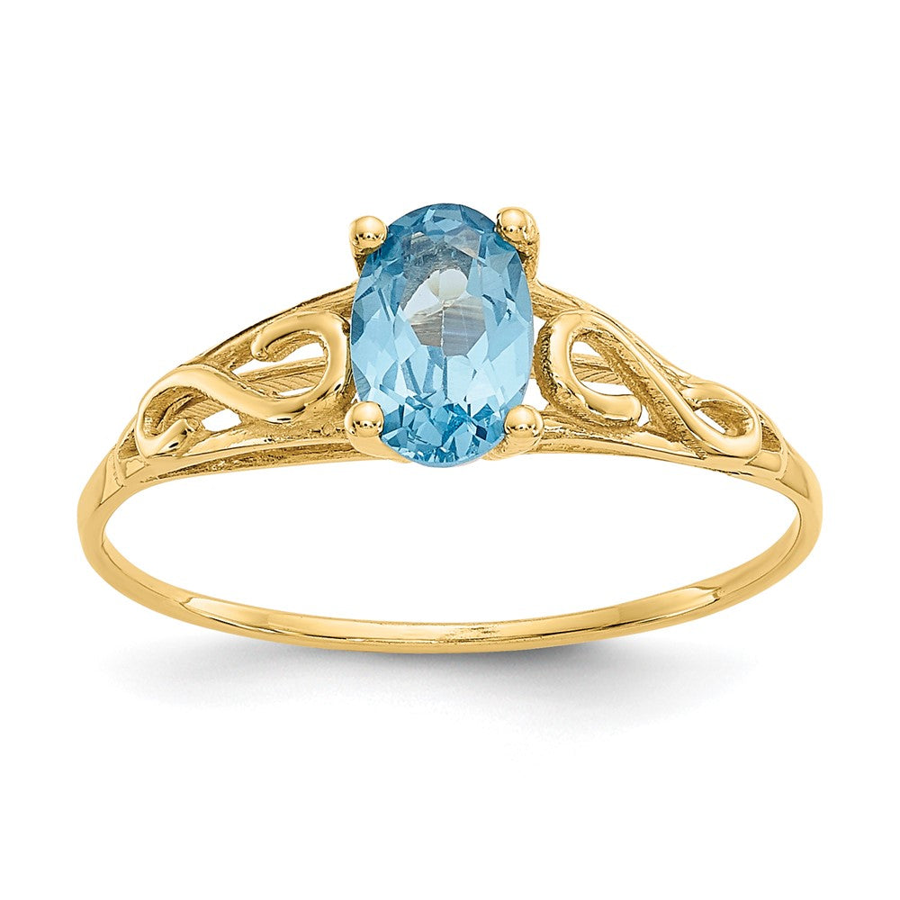 14k Madi K 6x4mm Oval Synthetic Blue Zircon Birthstone Ring