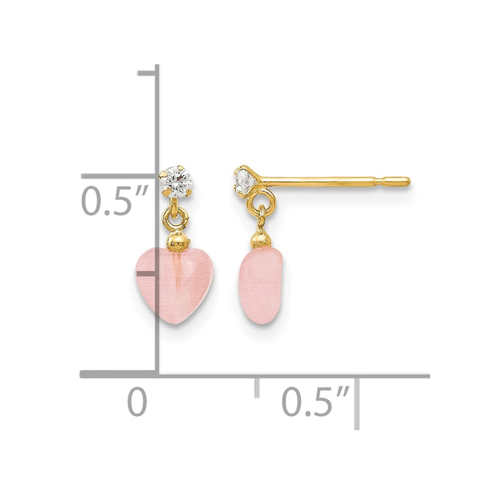 14k Madi K CZ and Pink Cats Eye Heart Dangle Childrens Post Earrings