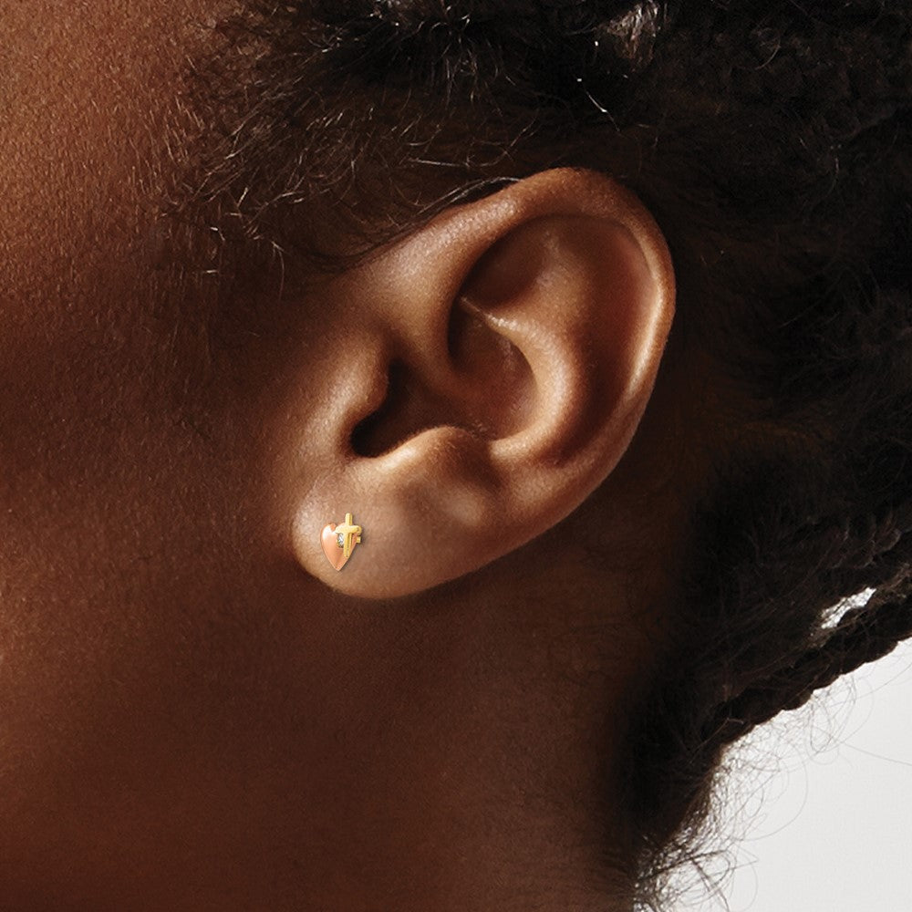 14k Yellow and Rose Gold Madi K CZ Heart and Cross Childrens Post Earrings