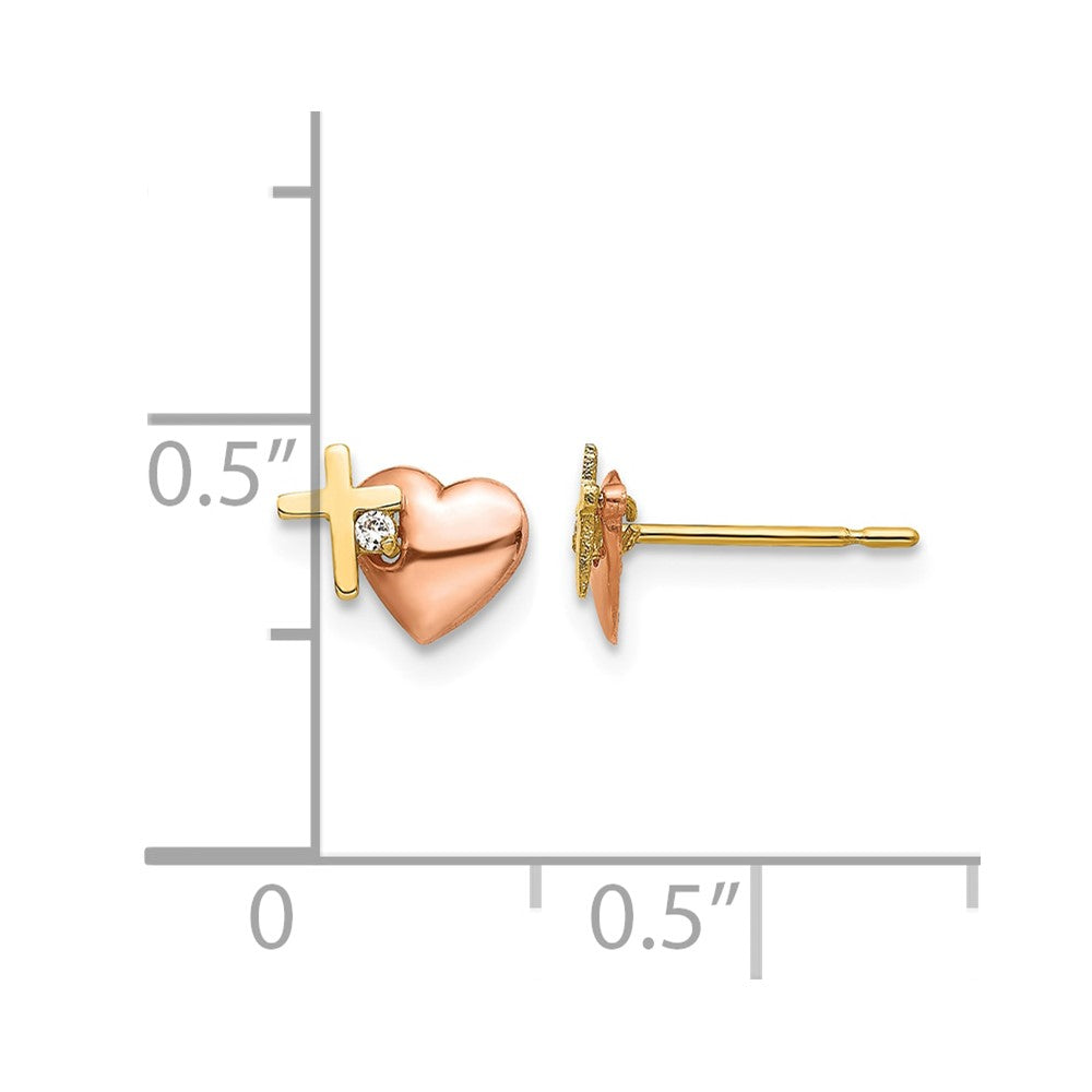 14k Yellow and Rose Gold Madi K CZ Heart and Cross Childrens Post Earrings