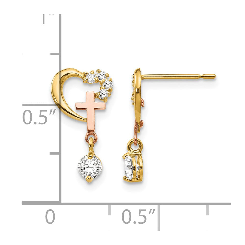 14k Madi K Two-tone CZ Cross and Heart Childrens Post Earrings