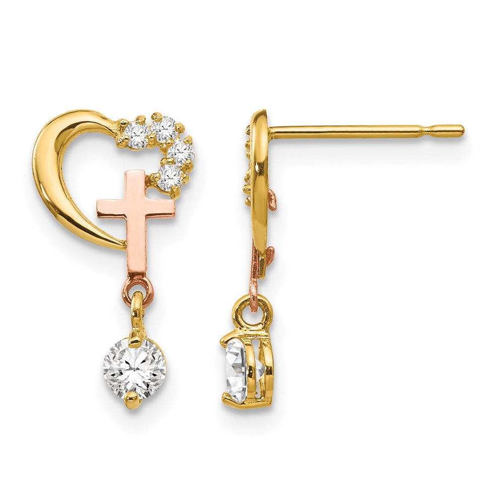 14k Madi K Two-tone CZ Cross and Heart Childrens Post Earrings