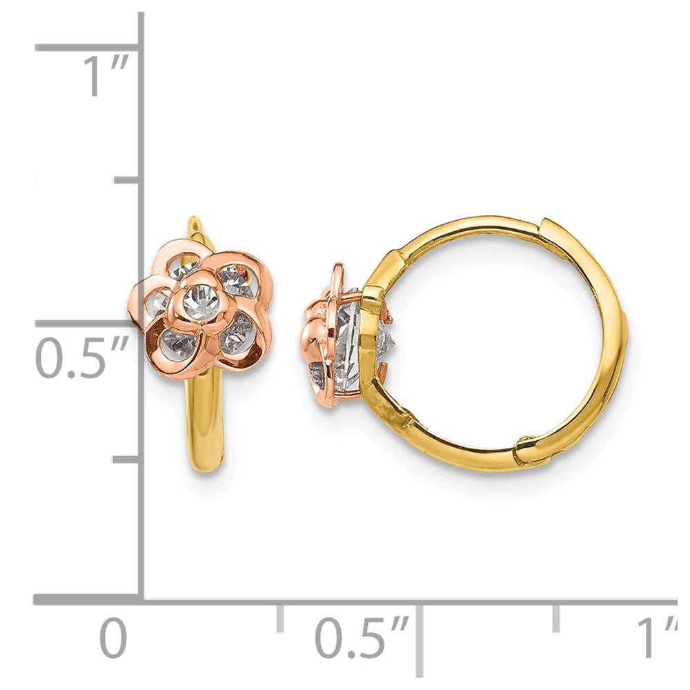 14k Yellow and Rose Gold Madi K CZ Flower Childrens Hinged Hoop Earrings